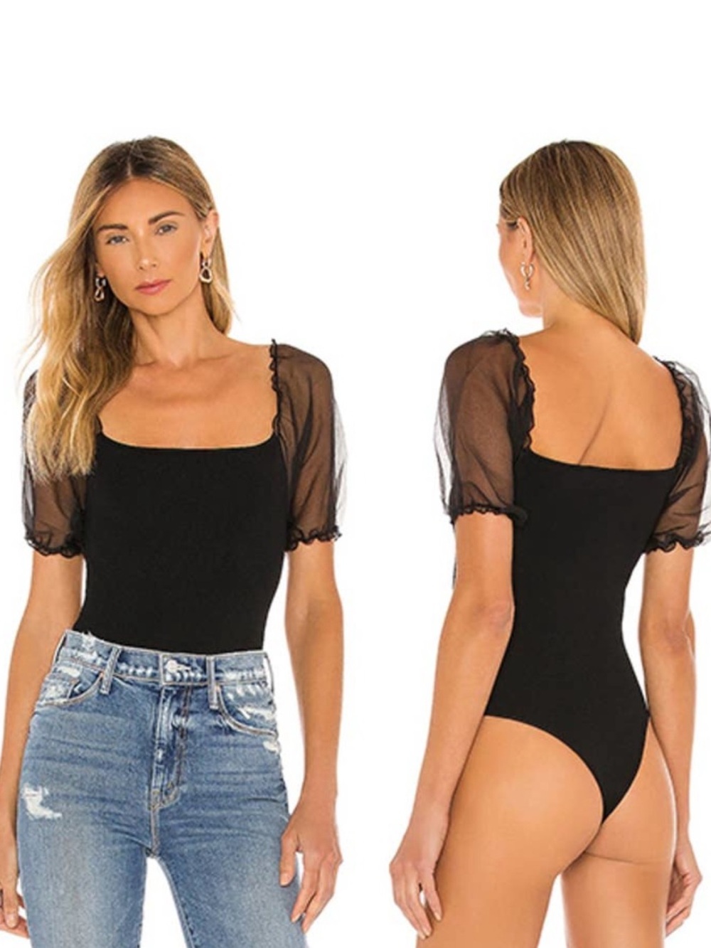 ASTR the Label Black Sheer Puff-Sleeve Square Neck Bodysuit (CdlG-O)